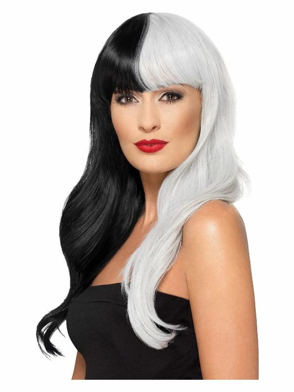 Smiffys Deluxe Wig, Half & Half With Fringe, Black & Grey 3 Smiffys Deluxe Wig, Half & Half With Fringe, Black & Grey