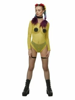 Smiffys Smiley Fishnet Bodysuit, Yellow