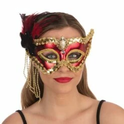 Red Satin Mask With Feathers